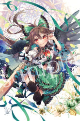 Rule 34 | 1girl, bird wings, black wings, bow, breasts, cape, chest jewel, feathered wings, frills, garter straps, green bow, green skirt, hair bow, highres, long hair, red eyes, reiuji utsuho, skirt, solo, starry sky print, thighhighs, touhou, toutenkou, weapon, white cape, wings