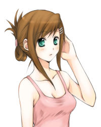 Rule 34 | 1girl, alternate hairstyle, brown hair, collarbone, expressionless, folded ponytail, green eyes, hair ornament, hairclip, looking at viewer, pink shirt, shirt, short hair, sidelocks, sleeveless, sleeveless shirt, solo, sophia esteed, star ocean, star ocean till the end of time, tank top, upper body, usashiro mani, white background