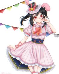 Rule 34 | 1girl, animal ears, artist name, artist request, black hair, blush, bow, collared shirt, dress, female focus, hair bow, looking at viewer, love live!, love live! school idol festival, love live! school idol project, neckerchief, nico nico nii, parted lips, pink neckerchief, puffy short sleeves, puffy sleeves, red eyes, ribbon, riris illust, shirt, short hair, short sleeves, skirt, smile, solo, striped clothes, striped dress, striped headwear, striped skirt, twintails, white background, white dress, white skirt, wrist ribbon, yazawa nico