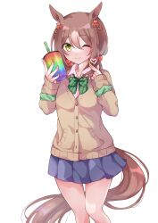 Rule 34 | 1girl, alternate costume, alternate hairstyle, animal ears, breasts, commentary request, cup, fine motion (umamusume), green eyes, gyaru, hair ornament, heart, highres, horse ears, horse girl, horse tail, medium hair, one eye closed, ribbon, school uniform, small breasts, smile, solo, tail, umamusume, utaso (satsuo), white background