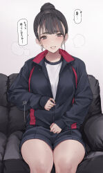 Rule 34 | 1girl, absurdres, black eyes, black hair, black jacket, black shorts, blush, collar, couch, hair bun, highres, jacket, koh (minagi kou), looking at viewer, multicolored clothes, multicolored jacket, on couch, original, parted lips, red collar, shorts, sidelocks, single hair bun, sitting, solo, speech bubble, sportswear, sweat, thighs, two-tone jacket