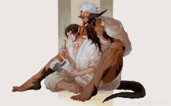 Rule 34 | 2boys, absurdres, warrior of light (ff14), beard, black sclera, book, character request, colored sclera, couple, dark-skinned male, dark skin, dragon boy, dragon horns, dragon tail, facial hair, final fantasy, final fantasy xiv, hand in another&#039;s hair, hien rijin, highres, holding, holding book, horns, interspecies, long hair, male focus, mature male, multiple boys, naked robe, pectorals, reading, robe, scar, scar on leg, shiyikuaiqingtai (weibo7279846390), short hair, size difference, smile, tail, toned, toned male, tying hair, weibo logo, weibo watermark, yaoi