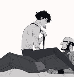 Rule 34 | 2boys, condom, condom in mouth, condom wrapper, cowboy bebop, jet black, mouth hold, multiple boys, simple background, spike spiegel, white background, yaoi