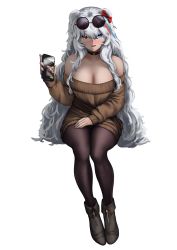 Rule 34 | 1girl, absurdres, alternate costume, animal ears, arknights, bare shoulders, bear ears, bear girl, black choker, black footwear, black pantyhose, blue eyes, blue hair, blush, boots, bow, breasts, brown sweater, choker, cleavage, commentary, english commentary, eyewear on head, full body, hair between eyes, hair bow, heterochromia, highres, invisible chair, kofucchi, large breasts, long hair, long sleeves, looking at viewer, mole, mole on breast, multicolored hair, off-shoulder sweater, off shoulder, pantyhose, parted lips, red bow, red eyes, red hair, rosa (arknights), sidelocks, sitting, solo, streaked hair, sunglasses, sweater, very long hair, white hair