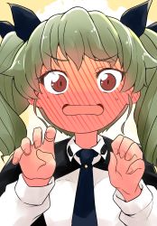 Rule 34 | 1girl, absurdres, anchovy (girls und panzer), anzio school uniform, barashiya, black cape, black necktie, black ribbon, blush, cape, commentary, dress shirt, drill hair, frown, full-body blush, full-face blush, girls und panzer, green hair, hair ribbon, highres, long hair, long sleeves, necktie, open mouth, red eyes, ribbon, school uniform, shirt, solo, sweatdrop, twin drills, twintails, white shirt