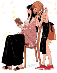Rule 34 | 2girls, :d, alternate hairstyle, apron, artist name, black-framed eyewear, black apron, black hair, black skirt, blush, book, breasts, brown footwear, brown skirt, chair, closed eyes, collared shirt, commentary, dated, duster, from side, glasses, hands up, happy, himawari-san, himawari-san (character), holding, holding book, holding duster, kazamatsuri matsuri, leaning forward, light brown hair, long hair, long skirt, looking to the side, medium breasts, multiple girls, on chair, open book, open mouth, orange shirt, ponytail, purple eyes, red footwear, sandals, shawl, shirt, shoes, short sleeves, sidelocks, sideways glance, sideways mouth, signature, simple background, sitting, skirt, smile, sneakers, standing, sugano manami, toes, white background, white shirt