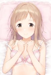 Rule 34 | 1girl, bare shoulders, blush, bra, breasts, brown eyes, brown hair, cleavage, closed mouth, collarbone, frilled bra, frills, hands on own chest, head on pillow, highres, idolmaster, idolmaster shiny colors, light brown hair, long hair, looking at viewer, lying, medium breasts, midriff, mikazuchi zeus, on back, on bed, pink bra, sakuragi mano, smile, solo, sweatdrop, underwear