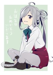 Rule 34 | 10s, 1girl, ahoge, asashimo (kancolle), bad id, bad twitter id, boots, bow, bowtie, brown footwear, cross-laced footwear, full body, grey eyes, grey hair, hair over one eye, indian style, kantai collection, kinosuke (sositeimanoga), long hair, long sleeves, looking at viewer, pantyhose, ponytail, school uniform, serafuku, sitting, skirt, smile, solo, translated, v arms