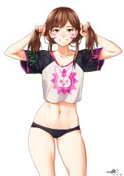 Rule 34 | 1girl, adjusting hair, black panties, brown eyes, brown hair, bunching hair, collarbone, contrapposto, cowboy shot, d.va (overwatch), dated, derivative work, facial mark, grin, highres, long hair, looking at viewer, midriff, navel, no pants, noto tsugumi, overwatch, overwatch 1, panties, short sleeves, signature, simple background, smile, solo, standing, stomach, underwear, whisker markings, white background