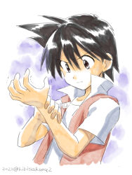 Rule 34 | 1boy, black hair, closed mouth, commentary request, creatures (company), dated, game freak, hair between eyes, hands up, highres, jacket, kibisakura2, male focus, nintendo, open clothes, open jacket, painting (medium), pokemon, pokemon adventures, popped collar, red (pokemon), shirt, short sleeves, solo, spiked hair, sweatdrop, traditional media, trembling, twitter username, upper body, watercolor (medium), white shirt