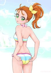 Rule 34 | 1girl, adjusting clothes, adjusting swimsuit, ass, bikini, boh stick, bow, brown hair, cliff, cowboy shot, from behind, green eyes, hair bow, highres, long hair, natsuumi manatsu, open mouth, ponytail, precure, shoulder blades, solo, standing, striped bikini, striped clothes, sweatdrop, swimsuit, tropical-rouge! precure, yellow bow