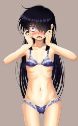 Rule 34 | 1girl, bags under eyes, black hair, blue bra, blue panties, blush, bra, brown eyes, collarbone, embarrassed, fang, female focus, hair over one eye, hands on own face, highres, izumozaki neneko, lace, lace-trimmed bra, lace trim, long hair, looking at viewer, midriff, navel, onimushi hyogo, open mouth, panties, ribbon, ribs, shironagasushima heno kikan, simple background, skinny, solo, tearing up, underwear, underwear only