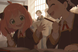 Rule 34 | 2boys, 2girls, :d, ahoge, anya (spy x family), becky blackbell, blurry, book, brown hair, classroom, closed eyes, collared shirt, commentary request, cone hair bun, damian desmond, depth of field, emile elman, eyelashes, green eyes, hair bun, highres, holding, holding pencil, indoors, looking down, multiple boys, multiple girls, neck ribbon, open mouth, pencil, pink hair, red ribbon, ribbon, school uniform, shirt, smile, spy x family, teeth, upper teeth only, white shirt, zinnkousai3850