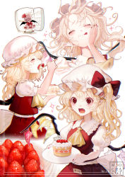 Rule 34 | 2girls, absurdres, alternate hair length, alternate hairstyle, artist logo, ascot, asymmetrical hair, bat wings, bow, cake, cake slice, commentary request, crystal, dress bow, eating, eyelashes, closed eyes, fingernails, flandre scarlet, food, frilled shirt collar, frills, fruit, hand on own face, happy, hat, hat bow, highres, holding, holding plate, inset, long hair, mob cap, mochacot, multiple girls, nail polish, one side up, open mouth, plate, pointy ears, red bow, red eyes, red nails, red ribbon, red skirt, red vest, refrigerator, remilia scarlet, ribbon, sharp fingernails, shirt, siblings, simple background, sisters, skirt, sparkle, strawberry, sweat, nervous sweating, touhou, vest, white background, white headwear, white shirt, wings, yellow ascot