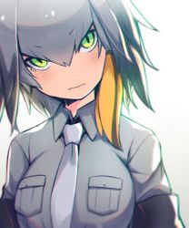 Rule 34 | &gt;:(, 10s, 1girl, chromatic aberration, collar, collared shirt, eyelashes, frown, green eyes, grey hair, grey shirt, hair between eyes, head tilt, head wings, highres, kemono friends, long hair, looking at viewer, low ponytail, multicolored eyes, multicolored hair, necktie, orange hair, pocket, sanpaku, shirt, shishikai, shoebill (kemono friends), short sleeves, side ponytail, simple background, solo, tsurime, upper body, v-shaped eyebrows, white background, wings