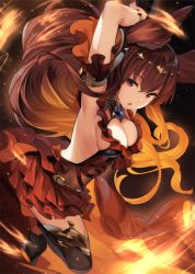 Rule 34 | 10s, 1girl, animal ears, anthuria, armpits, arms behind head, arms up, breasts, brown eyes, brown hair, cleavage, dress, erune, frilled dress, frills, granblue fantasy, hair ornament, long hair, looking at viewer, medium breasts, open mouth, parsley-f, red dress, sideboob, solo, thighhighs