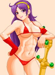 Rule 34 | 1girl, athena (series), breasts, cameltoe, cleft of venus, covered erect nipples, large breasts, looking at viewer, lowres, pixel art, princess athena, sword, warner, weapon