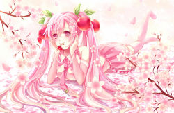 Rule 34 | 1girl, bad id, bad pixiv id, cherry, cherry blossoms, head rest, detached sleeves, food, fruit, hatsune miku, long hair, lying, mouth hold, necktie, on stomach, pink eyes, pink hair, sakura hiyori, sakura miku, skirt, solo, thighhighs, twintails, very long hair, vocaloid