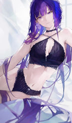 1girl armpit_crease bad_id bad_pixiv_id bare_arms bare_shoulders bikini black_bikini black_choker breasts choker closed_mouth criss-cross_halter earrings flower_earrings genshin_impact gradient_hair hair_spread_out halterneck highres jewelry long_hair looking_at_viewer medium_breasts mole mole_under_eye multicolored_hair navel purple_eyes purple_hair qiandaiyiyu raiden_shogun solo stomach swimsuit tsurime very_long_hair