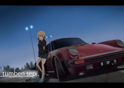 Rule 34 | 1girl, absurdres, alternate costume, blonde hair, blue footwear, car, erica hartmann, highres, hood, hoodie, lamppost, leaning back, letterboxed, motor vehicle, night, porsche, porsche 911, porsche 930, scenery, short hair, shorts, solo, strike witches, vehicle focus, vitotraps, world witches series