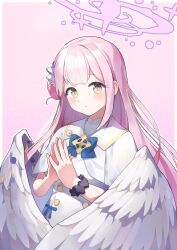 Rule 34 | 1girl, absurdres, angel wings, black scrunchie, blue archive, blush, border, capelet, closed mouth, dress, feathered wings, flower, hair bun, hair flower, hair ornament, halo, highres, korean commentary, long hair, looking at viewer, mika (blue archive), mixed-language commentary, pink hair, pink halo, purple flower, scrunchie, single side bun, solo, ujuro, upper body, white border, white capelet, white dress, white wings, wings, wrist scrunchie, yellow eyes