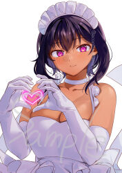 1girl black_hair breasts choker cleavage collarbone dark-skinned_female dark_skin elbow_gloves gloves konbu_wakame large_breasts lilith_(saikin_yatotta_maid_ga_ayashii) maid maid_headdress mole mole_on_breast mole_under_eye purple_eyes saikin_yatotta_maid_ga_ayashii sample_watermark short_hair simple_background solo upper_body watermark white_background white_gloves