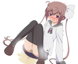 Rule 34 | 1girl, black thighhighs, blue skirt, blush, brown footwear, brown hair, cameltoe, dutch angle, embarrassed, fang, female focus, fizu, flat chest, full body, grey sailor collar, hair ribbon, highres, knees together feet apart, knees up, long hair, long sleeves, miniskirt, momochi tamate, nose blush, open mouth, panties, pantyshot, peeing, peeing self, pleated skirt, puddle, purple eyes, reflection, ribbon, sailor collar, school uniform, serafuku, shirt, shoes, simple background, sitting, skin fang, skirt, slow start, smile, solo, steam, sweat, tears, thighhighs, trembling, twintails, underwear, very long hair, wet, wet clothes, wet panties, white background, white panties, white ribbon, white shirt