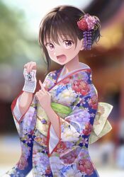 Rule 34 | 1girl, :d, absurdres, blue kimono, blurry, blurry background, brown hair, commentary request, depth of field, floral print, flower, furisode, hair between eyes, hair flower, hair ornament, hands up, highres, holding, isshokuitaru, japanese clothes, kimono, long sleeves, nengajou, new year, obi, open mouth, original, pink flower, pointing, ponytail, print kimono, red eyes, red flower, red rose, rose, sash, signature, smile, solo, wide sleeves