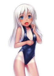 Rule 34 | 10s, 1girl, :d, blonde hair, blue eyes, blush, breasts, flower, front zipper swimsuit, h kasei, hair flower, hair ornament, kantai collection, long hair, looking at viewer, meme attire, one-piece swimsuit, one-piece tan, open mouth, ro-500 (kancolle), school swimsuit, small breasts, smile, solo, swimsuit, tan, tanline, unzipped, unzipping, white hair