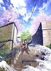 Rule 34 | 1girl, black footwear, black hair, black jacket, blue sky, brick wall, brown pantyhose, cherry blossoms, cloud, cloudy sky, commentary request, day, flower, grey eyes, highres, holding, holding instrument, instrument, jacket, pantyhose under shorts, long sleeves, looking away, looking to the side, mocha (cotton), mouth hold, open clothes, open jacket, original, outdoors, pantyhose, pigeon-toed, pink flower, plant, power lines, railing, scenery, shamisen, shoes, short shorts, shorts, sitting, sitting on stairs, sky, solo, spring (season), stairs, stone stairs, stone wall, tree, wall, waves, yellow shorts