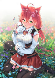 Rule 34 | 1girl, 35p (sakura miko), :d, ahoge, animal ear fluff, animal ears, bell, beret, black footwear, black garter straps, black hat, black thighhighs, blush, breasts, cat ears, cat tail, cherry blossoms, commentary, day, flower, frilled skirt, frills, garter straps, green eyes, hair bell, hair between eyes, hair ornament, hairclip, hat, highres, hololive, jingle bell, long hair, long sleeves, looking at viewer, low twintails, medium breasts, neck bell, on ground, open mouth, outdoors, petals, red hair, red skirt, roke (taikodon), sakura miko, sakura miko (casual), shoes, sitting, skirt, smile, solo, tail, thighhighs, twintails, unmoving pattern, unworn hat, unworn headwear, virtual youtuber, wariza