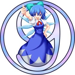 Rule 34 | 1girl, blue dress, blue eyes, blue hair, bow, circled 9, cirno, dress, foreshortening, garando, hair bow, hand on own hip, looking at viewer, matching hair/eyes, open mouth, outstretched arm, puffy short sleeves, puffy sleeves, ribbon, short hair, short sleeves, simple background, solo, thumbs up, touhou, white background, wings