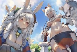 Rule 34 | 1girl, 2girls, adapted costume, animal ears, bare shoulders, bell, breasts, bridal gauntlets, rabbit, character request, cleavage, collar, commentary request, copyright request, cowboy shot, day, detached sleeves, earrings, ecchuu fundoshi, elbow gloves, eyelashes, fingerless gloves, gloves, hat, highres, holding, holding sword, holding weapon, hood, inubashiri momiji, jewelry, korean commentary, loincloth, long sleeves, medium breasts, midriff, mouth veil, multiple girls, navel, neck bell, no bra, no panties, outdoors, pelvic curtain, pom pom (clothes), protected link, rabbit girl, red eyes, red ribbon, revealing clothes, ribbon, ribbon-trimmed sleeves, ribbon trim, see-through, short hair, single earring, sitting, smile, stomach, sword, taeminhyeon, tail, tassel, thighhighs, tokin hat, touhou, veil, weapon, white hair, wide sleeves, wolf, wolf ears, wolf tail
