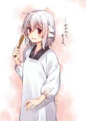 Rule 34 | 1girl, adyisu, altair floone, apron, kappougi, looking at another, looking at viewer, open mouth, original, red eyes, shamoji, short hair, solo, translated, twitter username, white hair