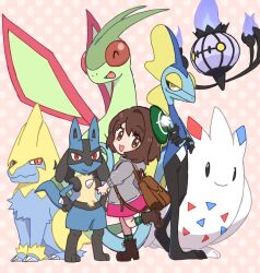Rule 34 | 1girl, :d, backpack, bag, boots, brown bag, brown eyes, brown footwear, brown hair, cable knit, cardigan, chandelure, chibi, commentary, creatures (company), dress, flygon, game freak, gen 3 pokemon, gen 4 pokemon, gen 5 pokemon, gen 8 pokemon, gloria (pokemon), green headwear, green socks, grey cardigan, hat, hooded cardigan, inteleon, leg up, lucario, manectric, nintendo, nm222, open mouth, pink background, pink dress, plaid socks, pokemon, pokemon (creature), pokemon swsh, polka dot, polka dot background, smile, socks, standing, standing on one leg, tam o&#039; shanter, togekiss
