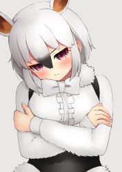 Rule 34 | 1girl, absurdres, animal ear fluff, animal ears, black hair, blush, bow, bowtie, center frills, commentary, crossed arms, deku suke, extra ears, frills, fur collar, grey background, hair between eyes, highres, kemono friends, long sleeves, looking at viewer, multicolored hair, red eyes, short hair, simple background, solo, southern tamandua (kemono friends), tamandua ears, tearing up, two-tone hair, upper body, wavy mouth, white bow, white bowtie, white hair