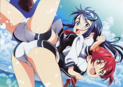 Rule 34 | 2girls, absurdres, ass, ass-to-ass, back-to-back, bent over, blue eyes, blue hair, bow, brown eyes, from behind, futaba aoi (vividred operation), hairband, highres, isshiki akane, lifting person, locked arms, long hair, looking back, multiple girls, national shin ooshima school uniform, open mouth, red hair, scan, school uniform, short hair, short shorts, shorts, smile, spread legs, tanaka yuusuke, vividred operation