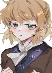 Rule 34 | 1girl, absurdres, black shirt, blonde hair, blush, breasts, brown shirt, closed mouth, expressionless, green eyes, highres, looking at viewer, medium breasts, mizuhashi parsee, one-hour drawing challenge, plumapple3, pointy ears, portrait, scarf, shirt, short hair, simple background, solo, touhou, undershirt, white background, white scarf