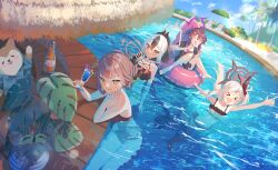 Rule 34 | &gt; &lt;, 4girls, aru (blue archive), bikini, black bikini, black one-piece swimsuit, blue archive, casual one-piece swimsuit, cup, demon horns, drinking, halo, haruka (blue archive), highres, holding, holding cup, horns, kayoko (blue archive), kurape (pat1na), looking at viewer, multiple girls, mutsuki (blue archive), on innertube, one-piece swimsuit, partially submerged, pool, problem solver 68 (blue archive), refraction, sitting, swimsuit