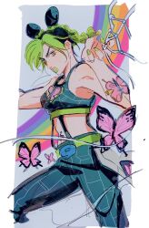 Rule 34 | 1girl, black hair, braid, breasts, bug, butterfly, butterfly tattoo, commentary, double bun, english commentary, green eyes, green hair, green lips, green nails, hair bun, highres, insect, jojo no kimyou na bouken, kuujou jolyne, long hair, medium breasts, multicolored hair, navel piercing, oratoza, parted lips, piercing, rainbow, solo, spider web print, stone free, stone ocean, tattoo, two-tone hair