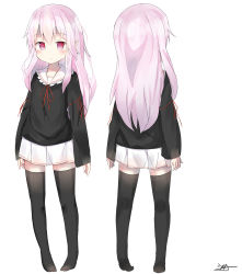 Rule 34 | 1girl, absurdres, arms at sides, black shirt, black thighhighs, blush, closed eyes, commentary request, dreamusun, full body, hair between eyes, highres, long hair, long sleeves, looking at viewer, multiple views, no shoes, original, pink hair, pleated skirt, pointy ears, red eyes, red ribbon, ribbon, school uniform, serafuku, shirt, signature, simple background, skirt, sleeves past wrists, slit pupils, standing, thighhighs, turnaround, white background, white skirt