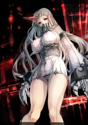 Rule 34 | 10s, 1girl, abyssal ship, bare legs, bare shoulders, breasts, cameltoe, claws, cleft of venus, covered erect nipples, detached sleeves, dress, highres, horns, kantai collection, large breasts, long hair, pale skin, panties, rathke, red eyes, ribbed dress, seaport princess, short dress, sideboob, silver hair, single horn, solo, striped clothes, striped panties, underwear, very long hair