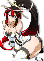 Rule 34 | 1girl, banpresto, bare shoulders, black hair, blue eyes, breasts, cleavage, detached sleeves, dress, hair ornament, j.h., large breasts, legs, long hair, multicolored hair, nanbu kaguya, ponytail, red hair, solo, strapless, strapless dress, super robot wars, super robot wars og saga mugen no frontier, thighhighs, thighs, two-tone hair, white thighhighs