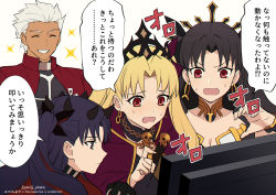 Rule 34 | 1boy, 3girls, archer (fate), black hair, blonde hair, blush, carnival phantasm, earrings, ereshkigal (fate), fate/grand order, fate/stay night, fate (series), hair ribbon, horns, ishtar (fate), jewelry, meiji ken, multiple girls, parody, red eyes, ribbon, siblings, sisters, skull, smile, space ishtar (fate), space ishtar (first ascension) (fate), sparkle, sweat, television, tiara, translation request, twitter username, wavy mouth
