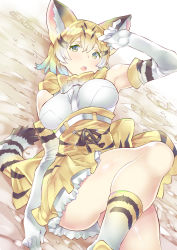 Rule 34 | 10s, 1girl, animal ears, belt, blonde hair, bow, bowtie, breasts, cat ears, cat tail, commentary request, elbow gloves, gloves, high-waist skirt, highres, kemono friends, lace-up, legs, looking at viewer, lying, medium breasts, miniskirt, on back, open mouth, sand cat (kemono friends), short hair, skindentation, skirt, sleeveless, solo, striped tail, tail, takano itsuki, thighs, white belt, white gloves, white legwear, yellow bow, yellow bowtie, yellow eyes, yellow skirt