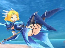 Rule 34 | 1girl, alternate costume, armor, ass, blonde hair, blue eyes, boots, camel (dansen), female focus, milia, milia wars, open mouth, short hair, solo, thigh boots, thighhighs, underwater