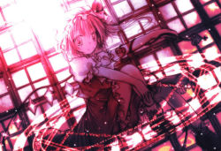 Rule 34 | 1girl, crystal, demon wings, female focus, flandre scarlet, flying, full body, kasuga sunao, light rays, looking at viewer, monochrome, red theme, side ponytail, solo, sunlight, touhou, vampire, wings