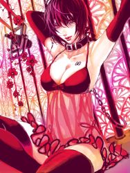 Rule 34 | 1girl, arms up, bdsm, black thighhighs, bondage, bound, breasts, chain, collar, elbow gloves, flower, gloves, large breasts, leash, lingerie, meiko (vocaloid), microphone, oekaki, pink theme, red eyes, red hair, red theme, short hair, slave, solo, tattoo, tegaki, thighhighs, underwear, vocaloid, zettai ryouiki