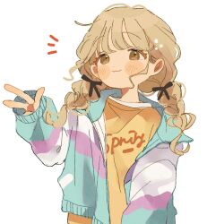 Rule 34 | 1girl, :3, blush, blush stickers, braid, brown hair, fujita kotone, gakuen idolmaster, hair ribbon, highres, idolmaster, jacket, looking at viewer, multicolored clothes, multicolored jacket, notice lines, ribbon, shirt, simple background, solo, twin braids, upper body, w, wadachi, white background, yellow shirt