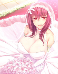 Rule 34 | 1girl, absurdres, bare shoulders, blush, bouquet, breasts, bridal veil, choker, circlet, cleavage, collarbone, commentary request, dress, elbow gloves, fate/grand order, fate (series), flower, gloves, hair between eyes, hair flower, hair ornament, highres, huge breasts, jewelry, lace, lace-trimmed dress, lace trim, long hair, lun7732, open mouth, purple hair, red eyes, scathach (fate), smile, solo, tearing up, veil, wedding dress, white gloves